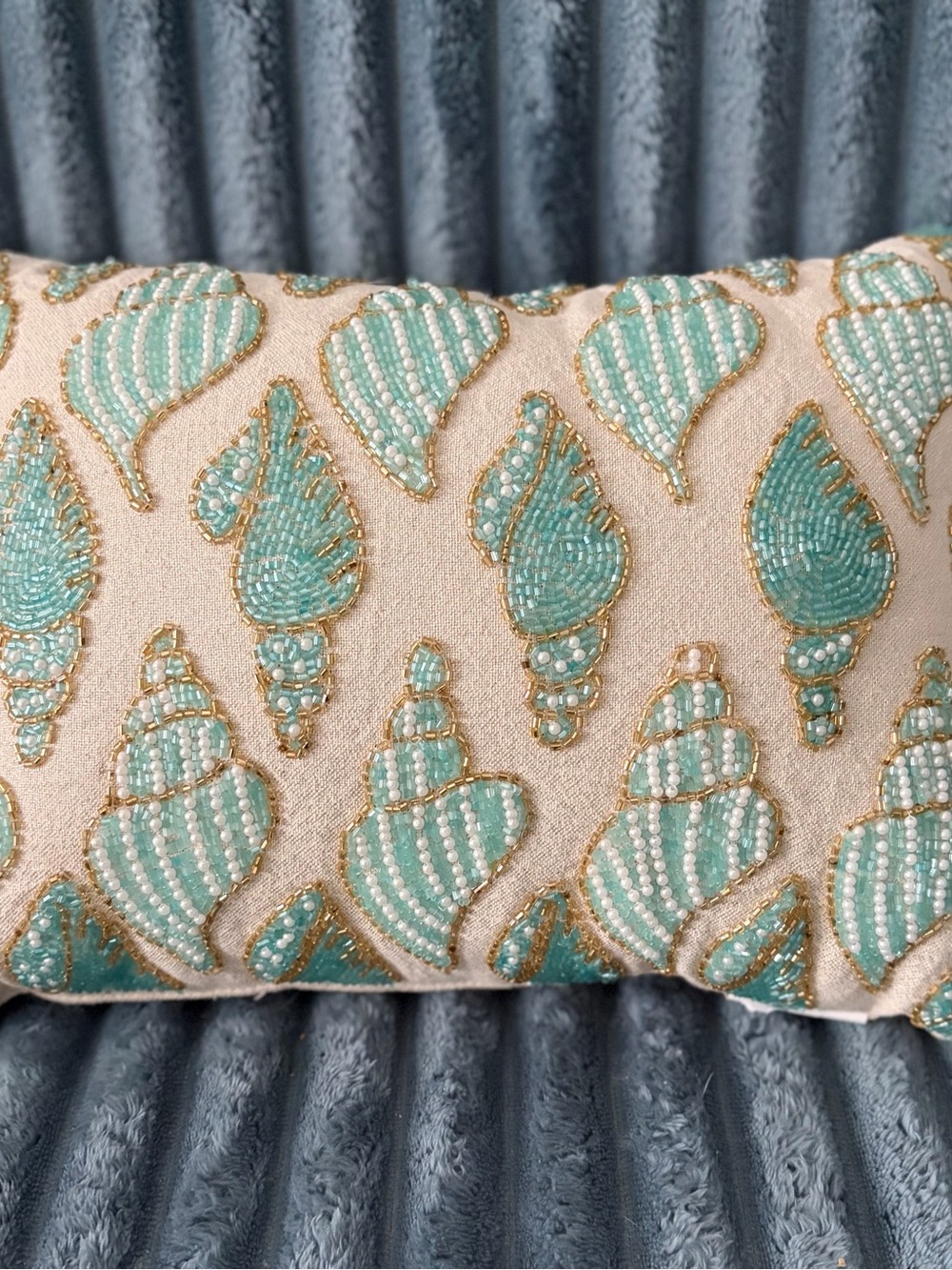 Gorgeous Coastal Beaded Embroidered Seashell Accent Pillow, Teal, Mint, Gold